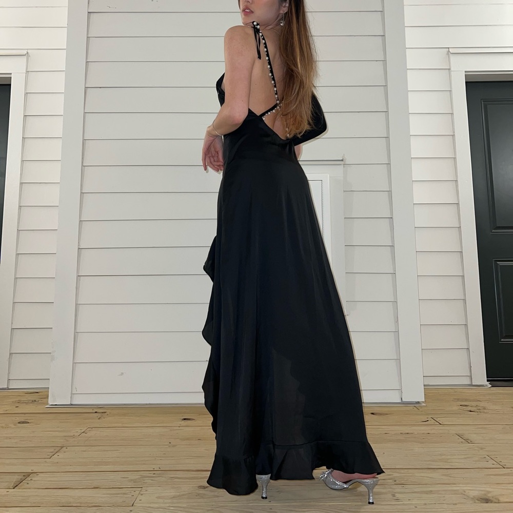 For Love & Lemons Lady Luck Black Silk Dress with Pearl Embellished Straps